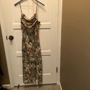 Cowl Neck Satin Slip Cami Midi Dress Green Print